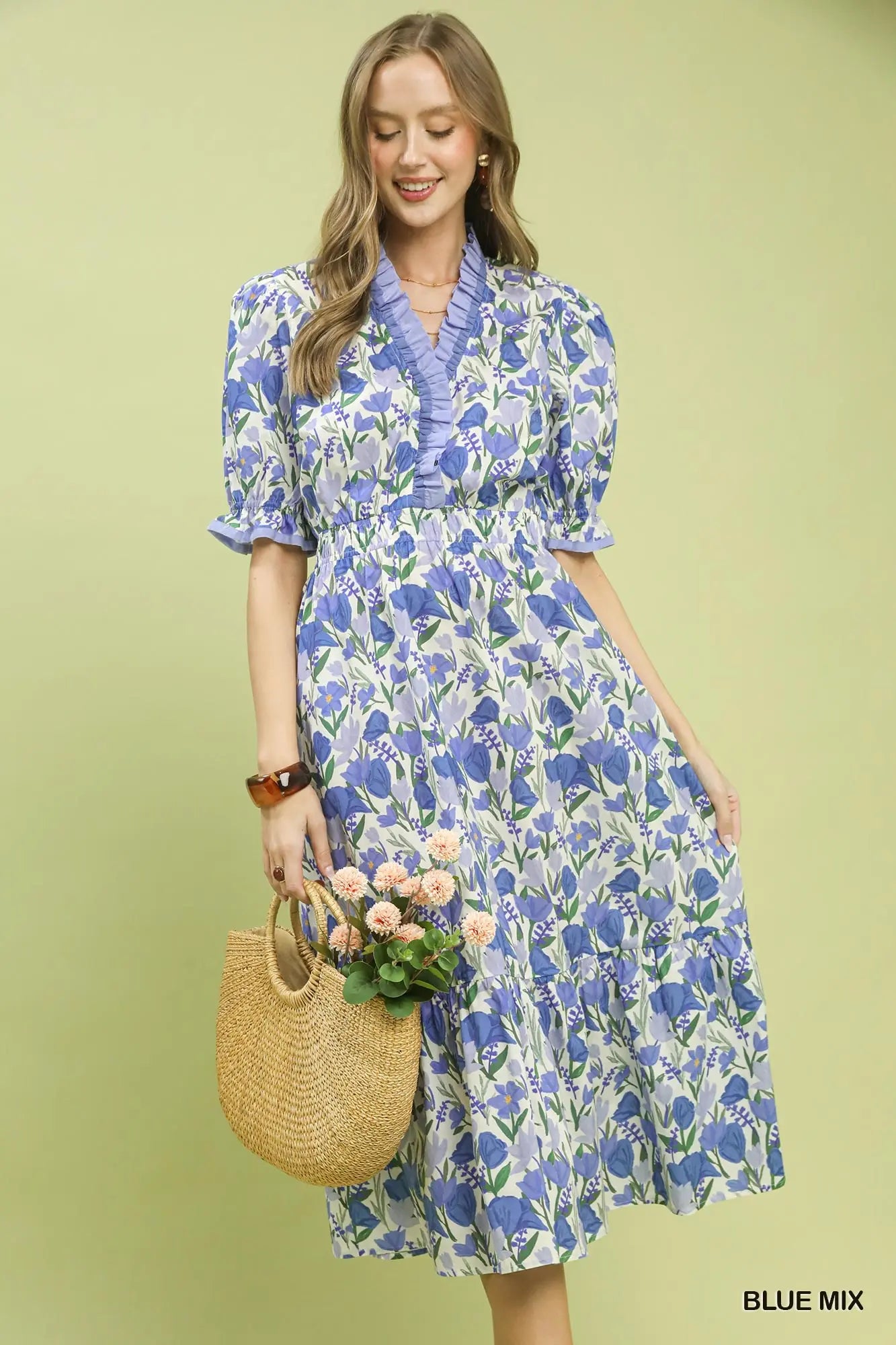 Floral Ruffle Trim Tiered Midi Dress