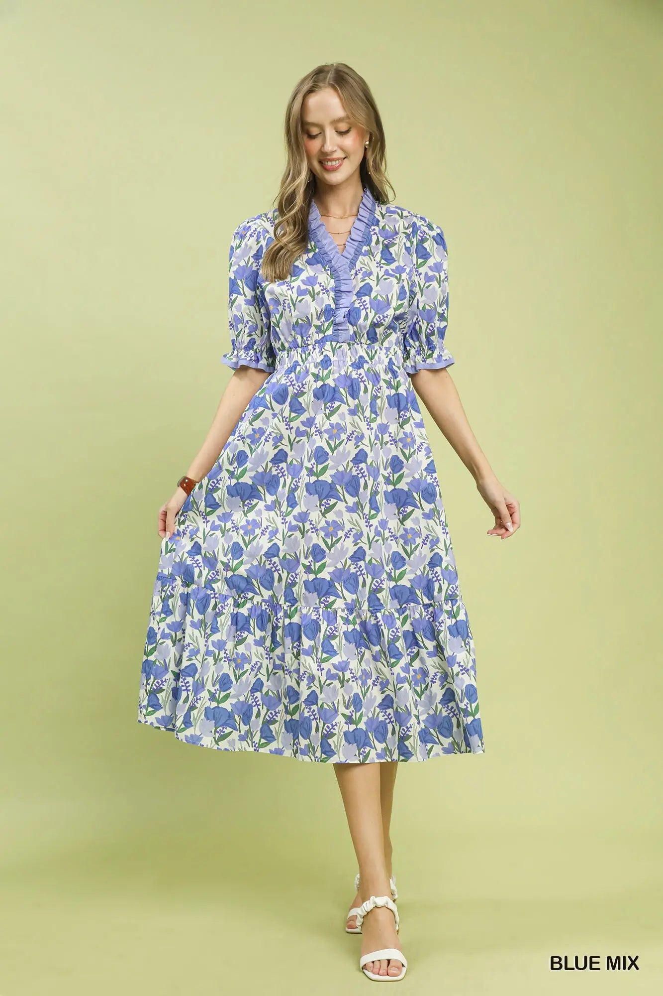 Floral Ruffle Trim Tiered Midi Dress
