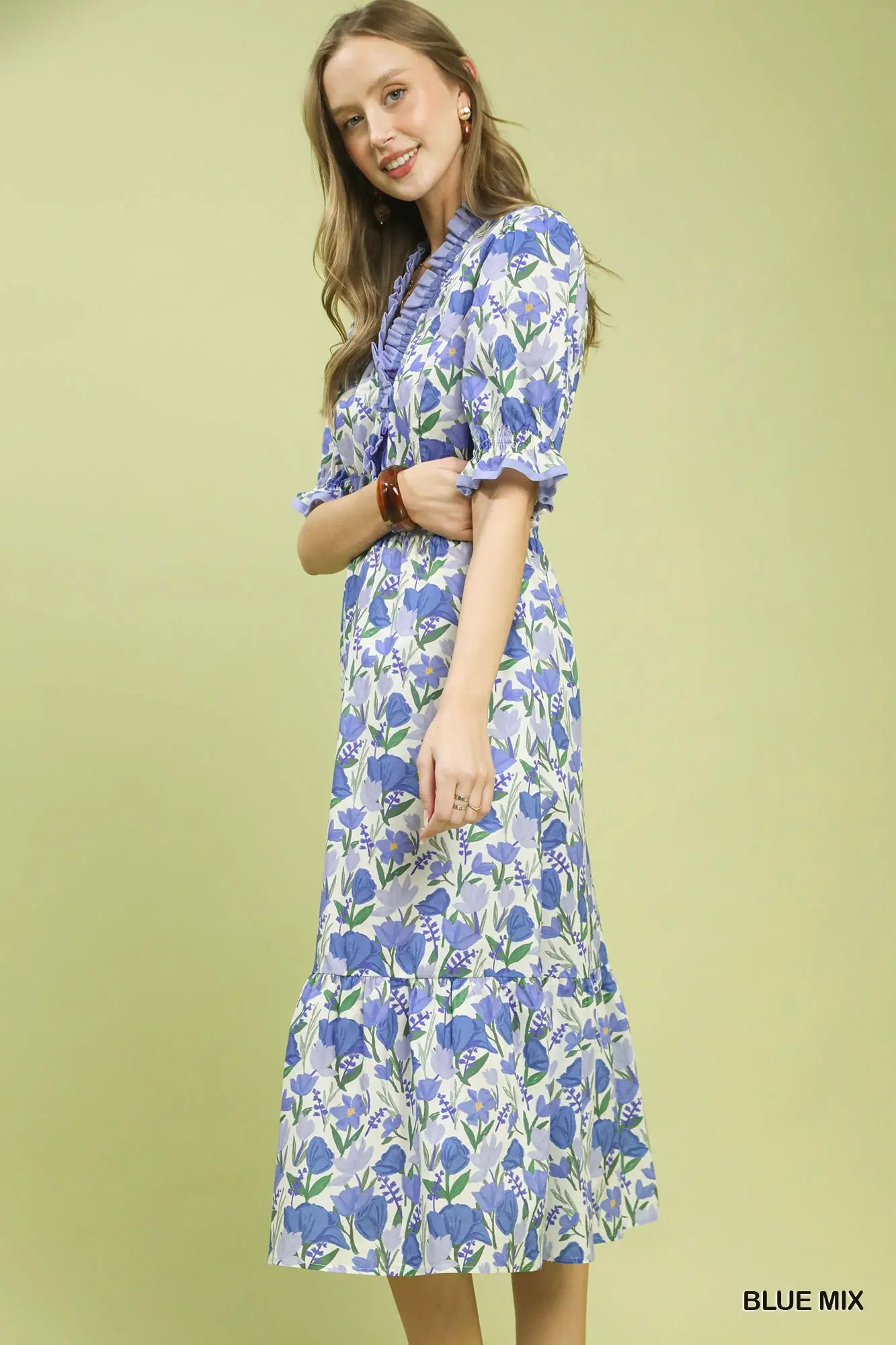 Floral Ruffle Trim Tiered Midi Dress