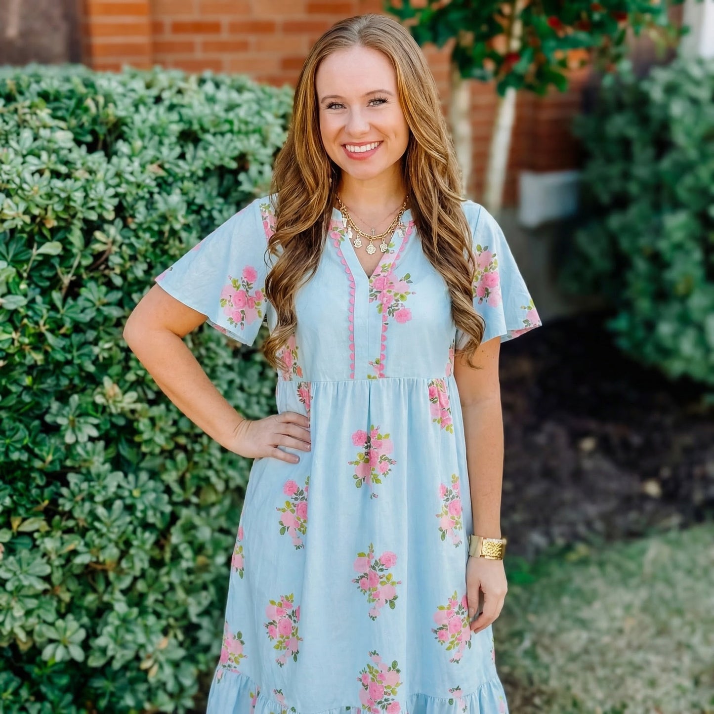 Sky Blue Notched Neck Flutter Short Sleeve Floral Print Maxi Dress