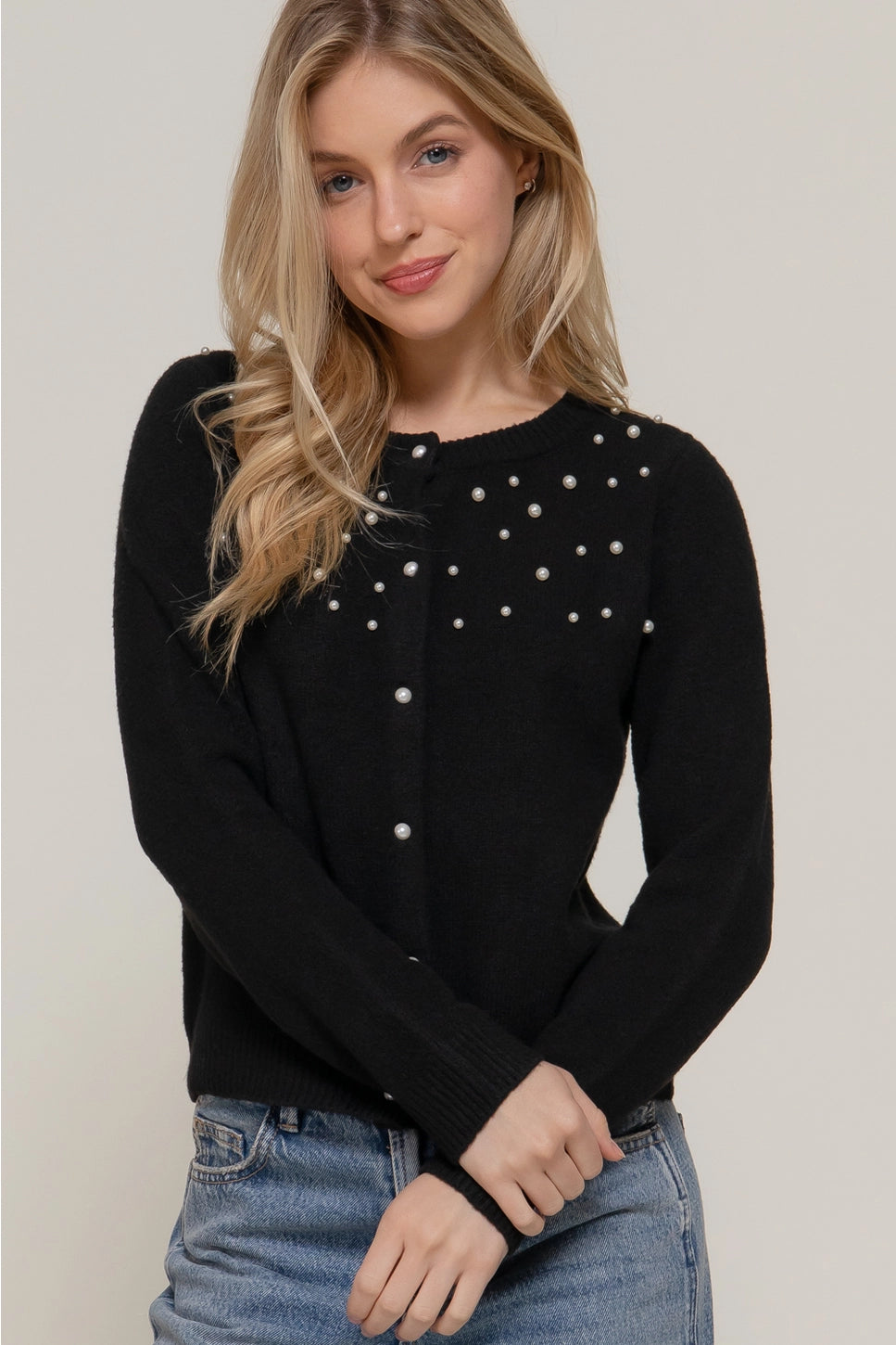 Long Sleeve Round Neck Pearl Embellished Sweater Cardigan