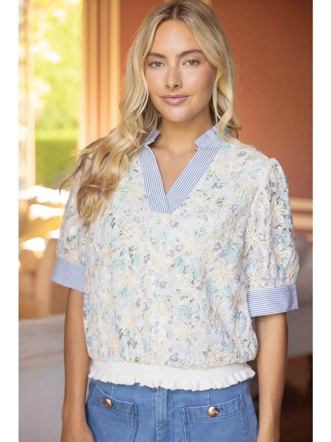 Stripe Contrast Detail Floral Embroidered Top