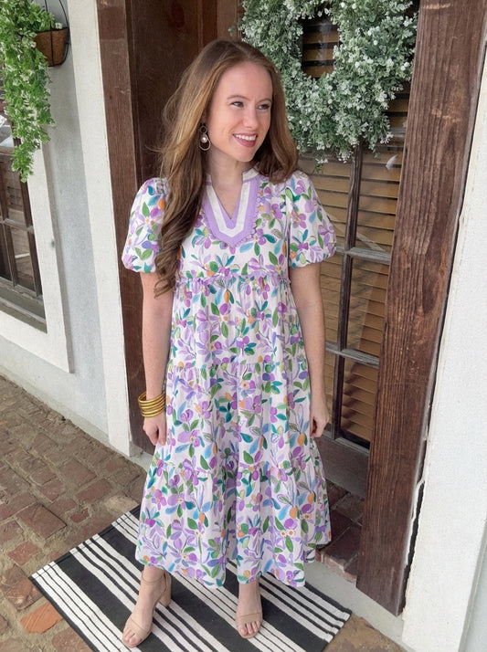 Floral Print Tiered Midi Dress Purple