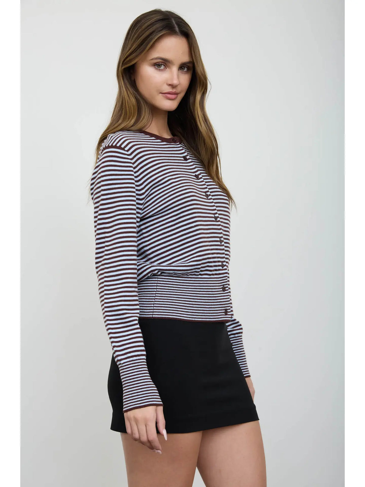 Stripe Round Neck Button Down Ribbed Hem Cardigan