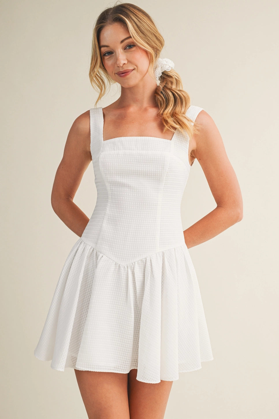 Seersucker Square Neck Drop Waist Dress