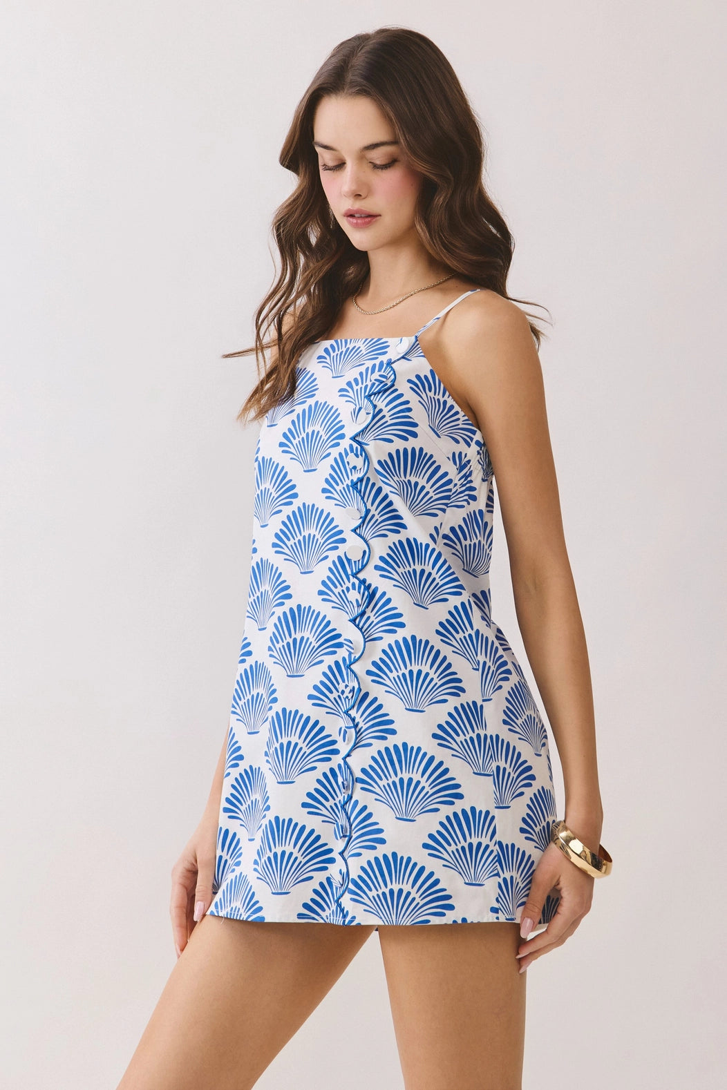 Shell Print Front Scallop Trim Mini Dress