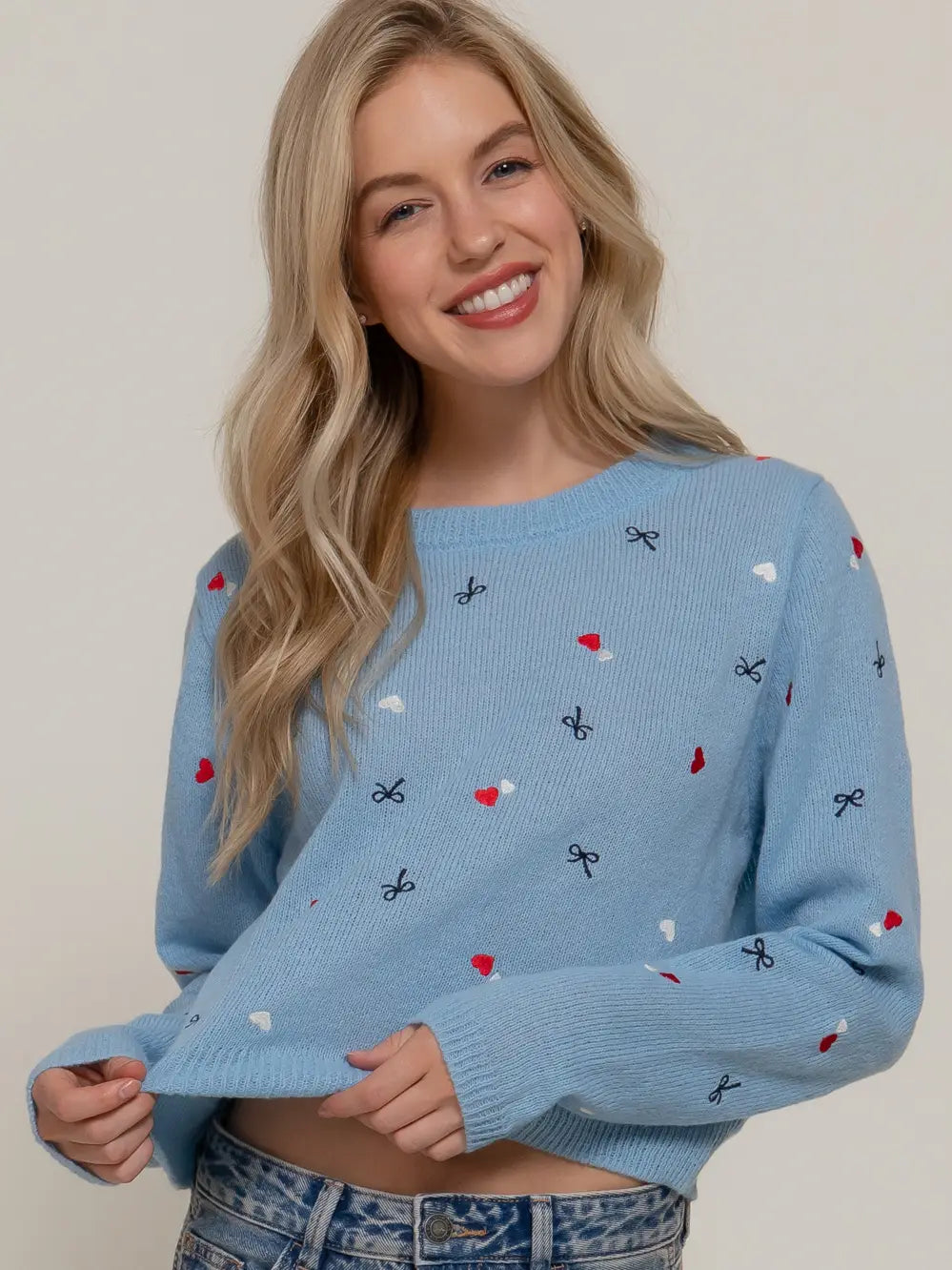 Long Sleeve Round Neck All Over Embroidery Sweater