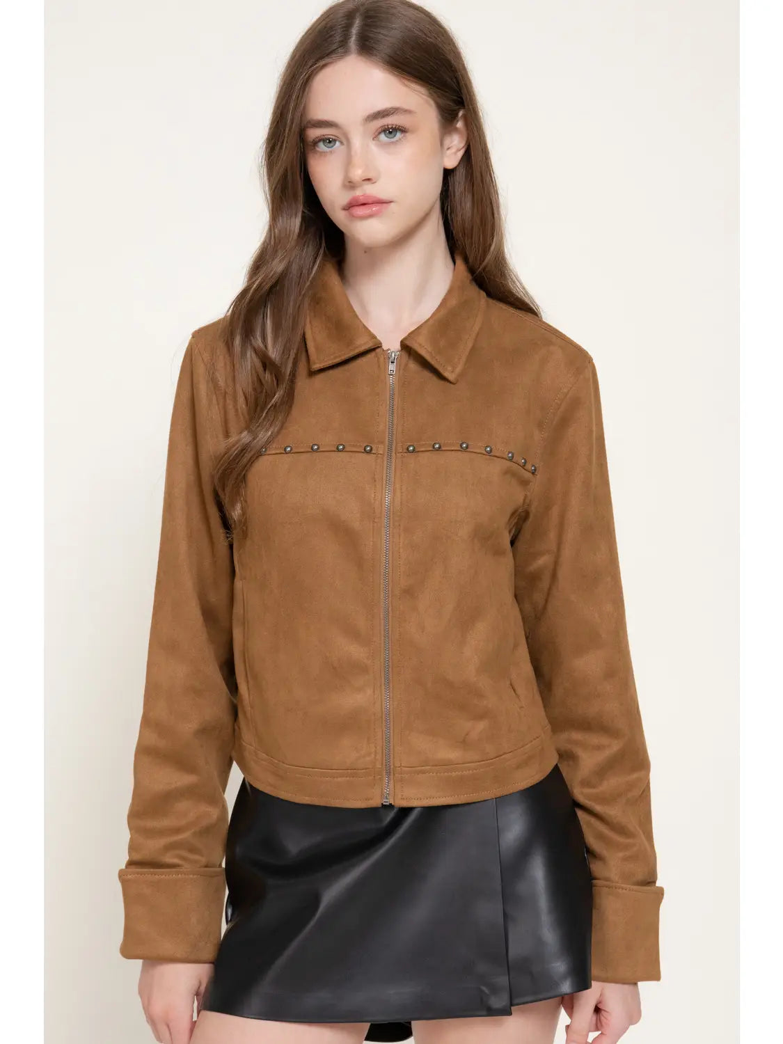 Long Sleeve Faux Suede Jacket with Stud Detail