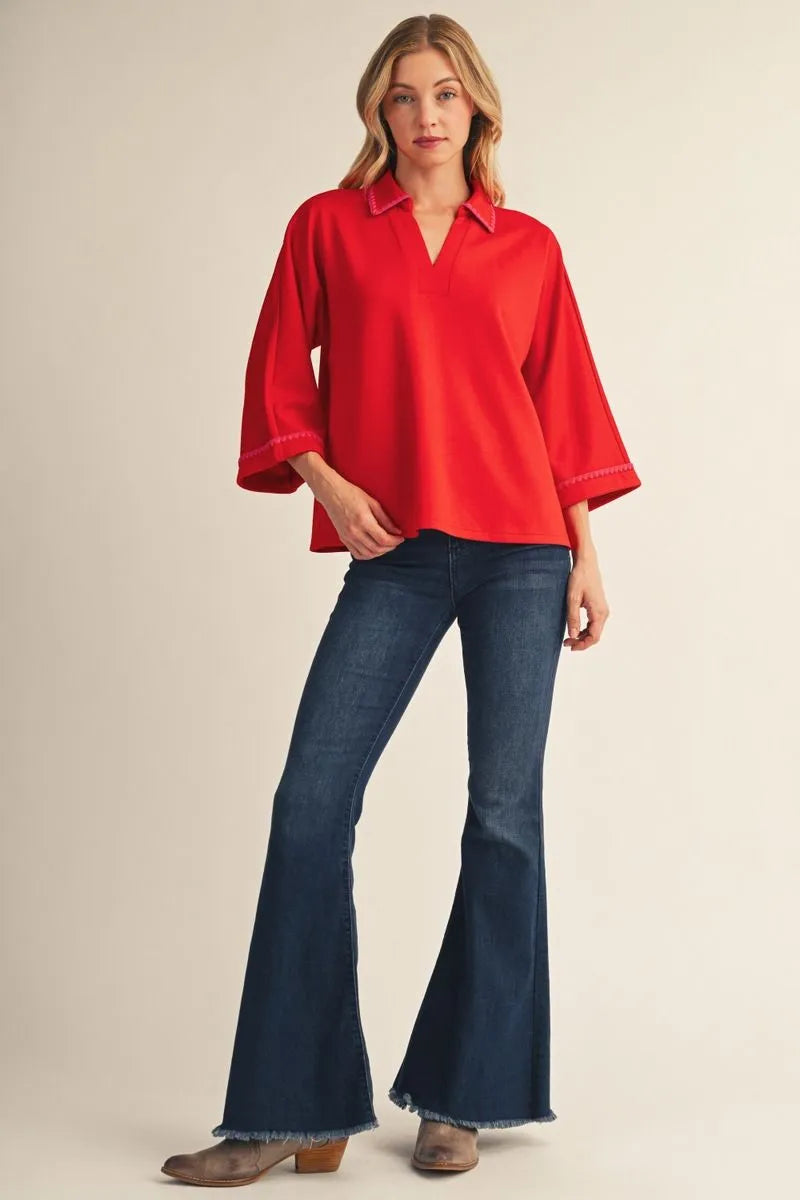 embroidered scallop edge detail top