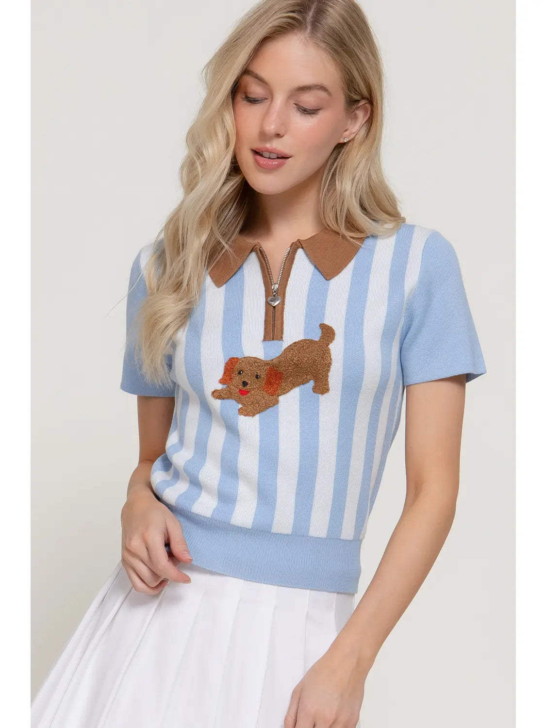 Short Sleeve Dog Frolicking Vertical Stripe Polo Top