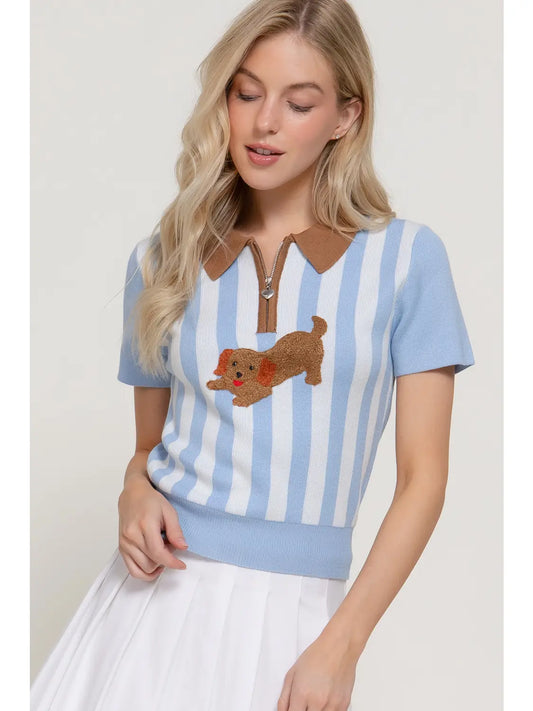 Short Sleeve Dog Frolicking Vertical Stripe Polo Top