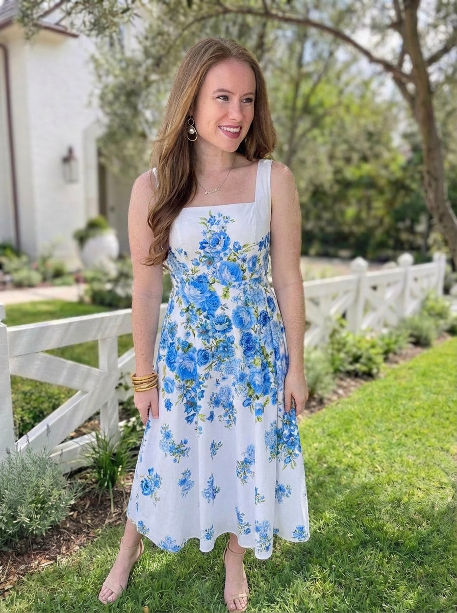 Printed Woven Midi Dress white with blue flowers