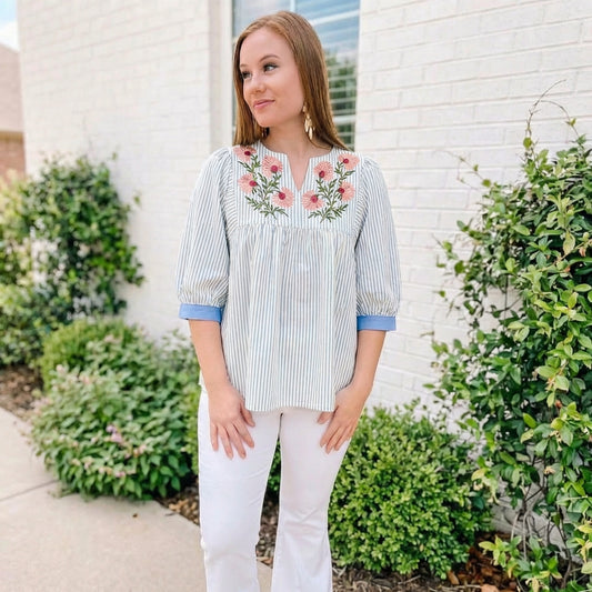 striped blue and white embroidered top
