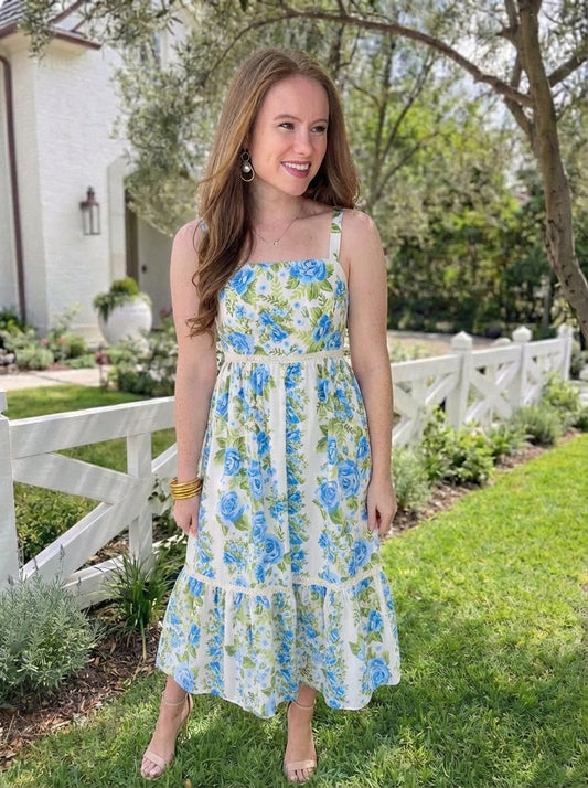 Printed Woven Midi Dress blue and green floral