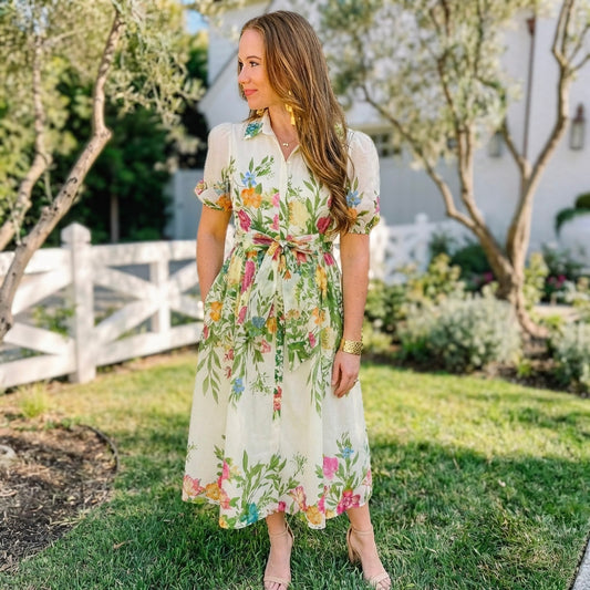 Printed Woven Midi Dress ivory and green