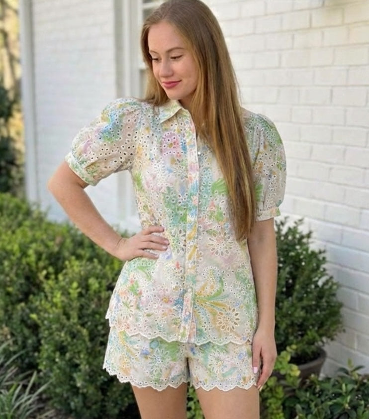 Eyelet Print Elastic Waistband Scalloped