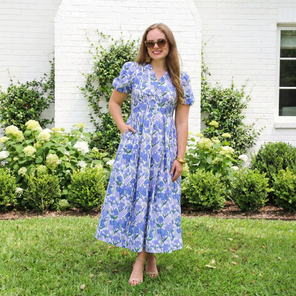 Floral Print Puff Sleeve Midi Dress