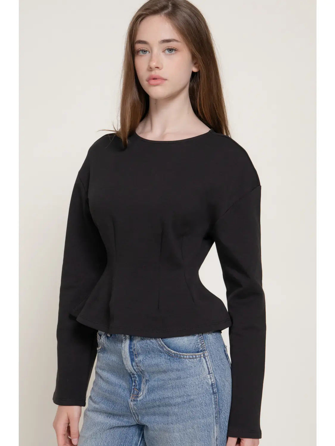 Long Sleeve Round Neck Fitted Waist Top