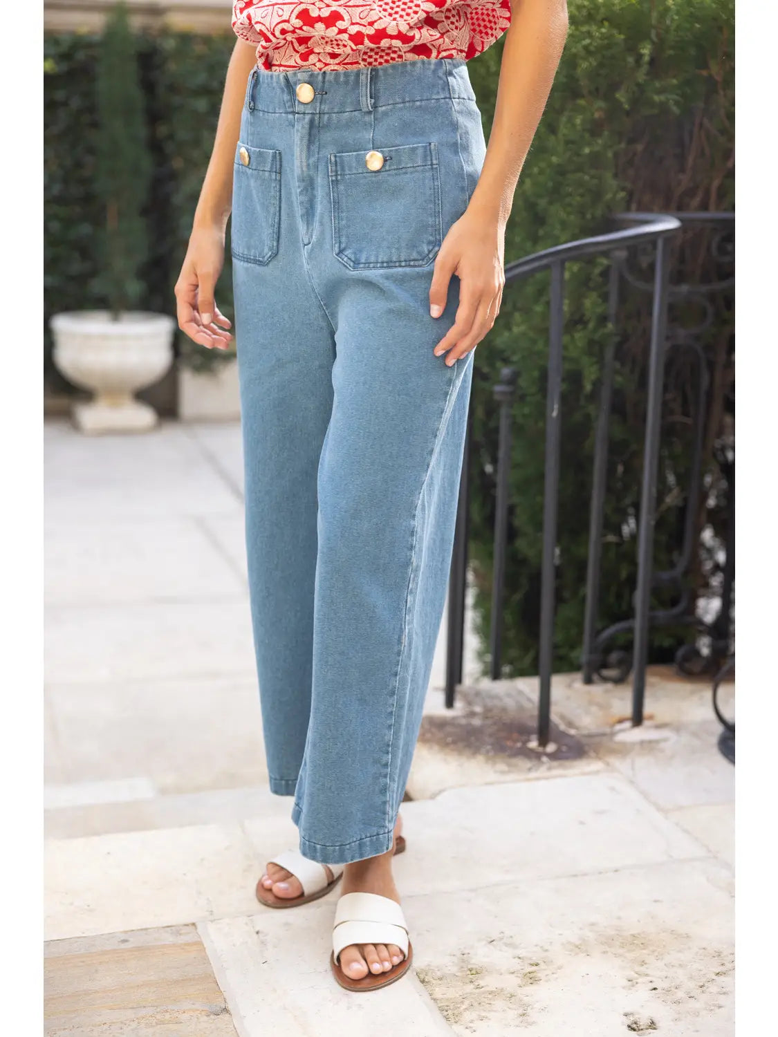 Double Pocket Gold Button Straight Leg Jean Pants