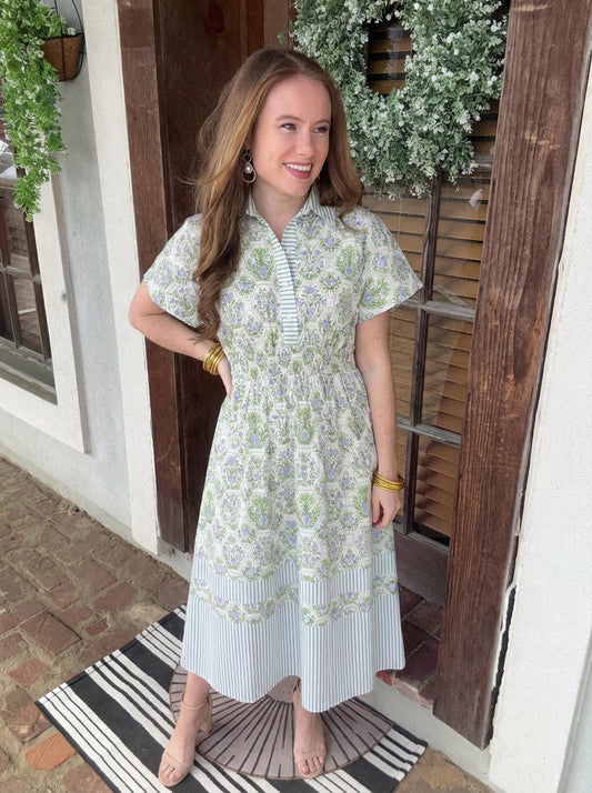 DROP SHOULDER SMOCKED WAIST PRINTED MIDI DRESS WITH POCKETS