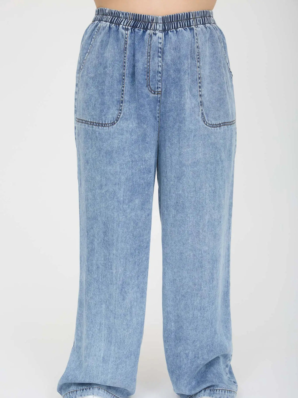 Plus Washed Chambray Elastic Waist Wide Leg Pants