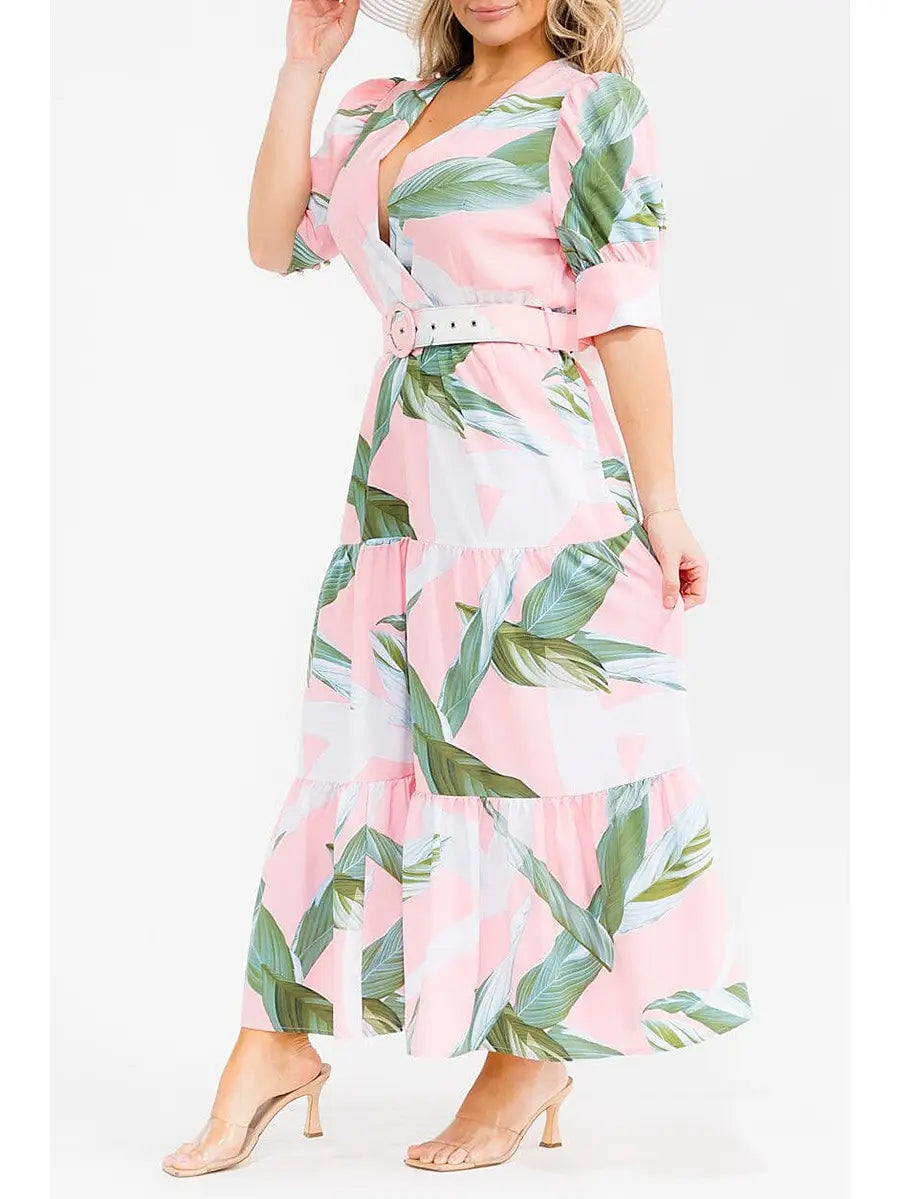Leaf Print Short Sleeve Belted Maxi Dress