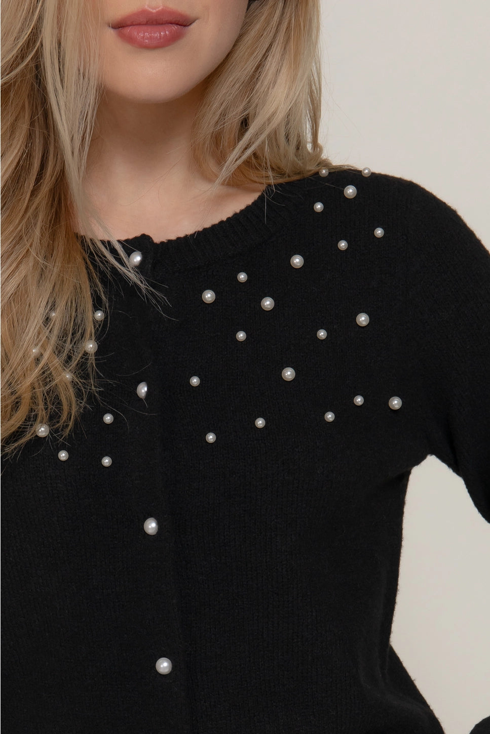 Long Sleeve Round Neck Pearl Embellished Sweater Cardigan