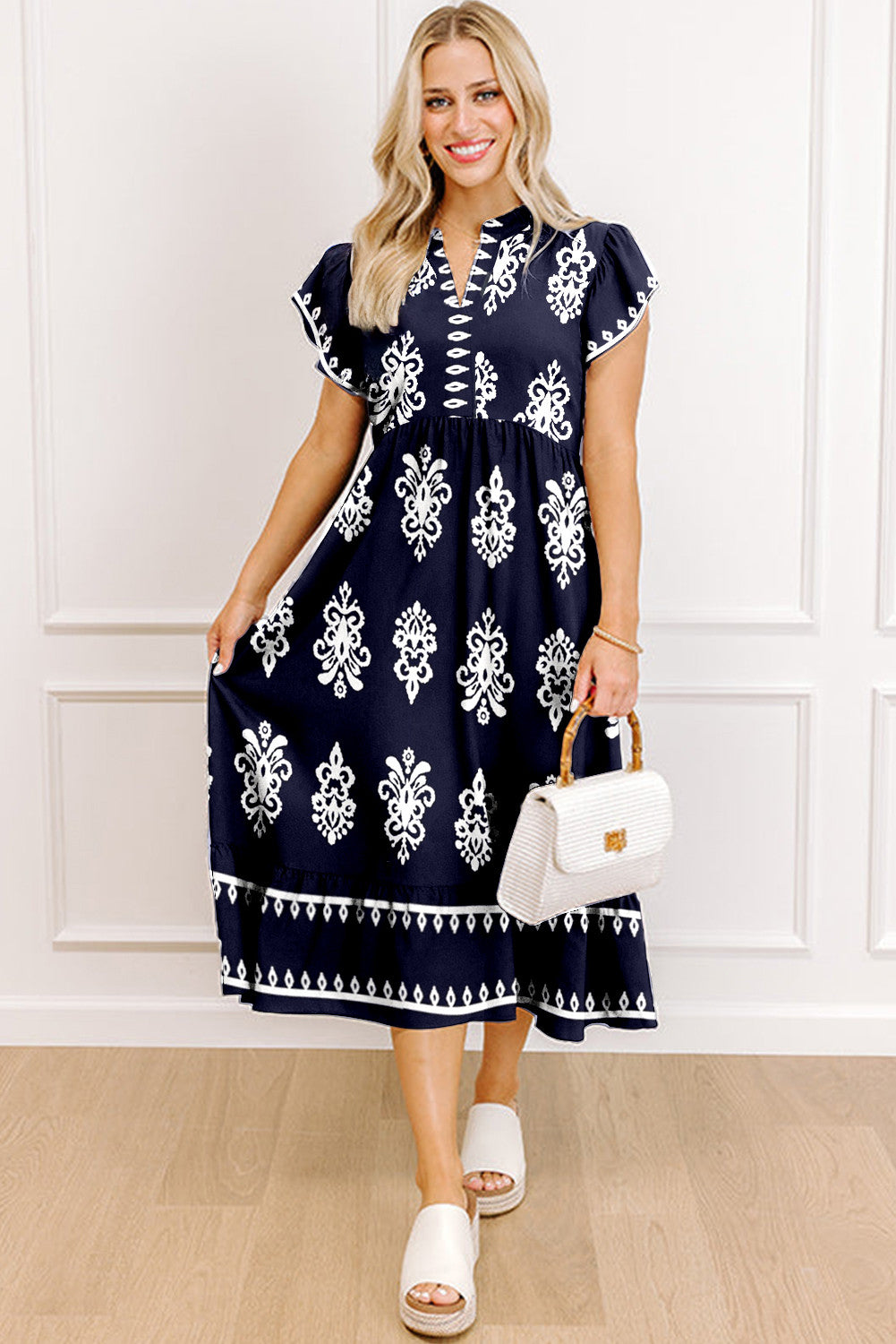 Navy Print Notched Neck Short Sleeve Midi Dress