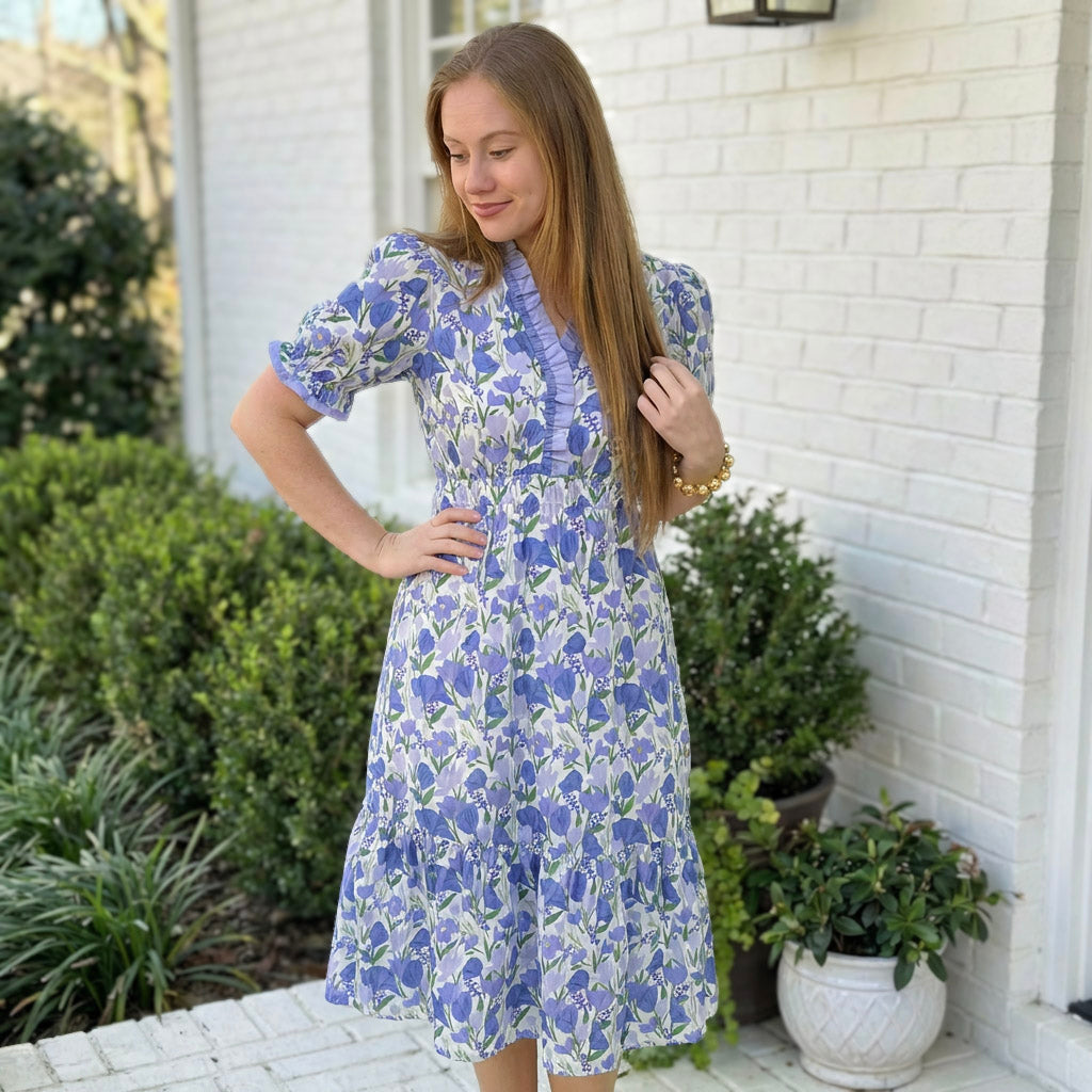 Floral Ruffle Trim Tiered Midi Dress