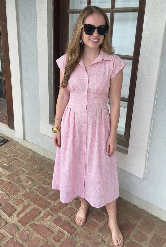 Floral Gingham Print Cap Sleeve Midi Shirt Dress