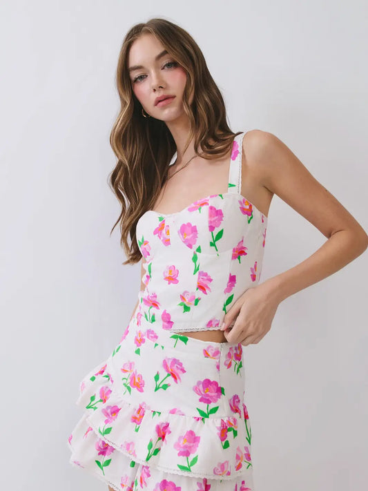 Floral Print Sweetheart Neckline Corset SET