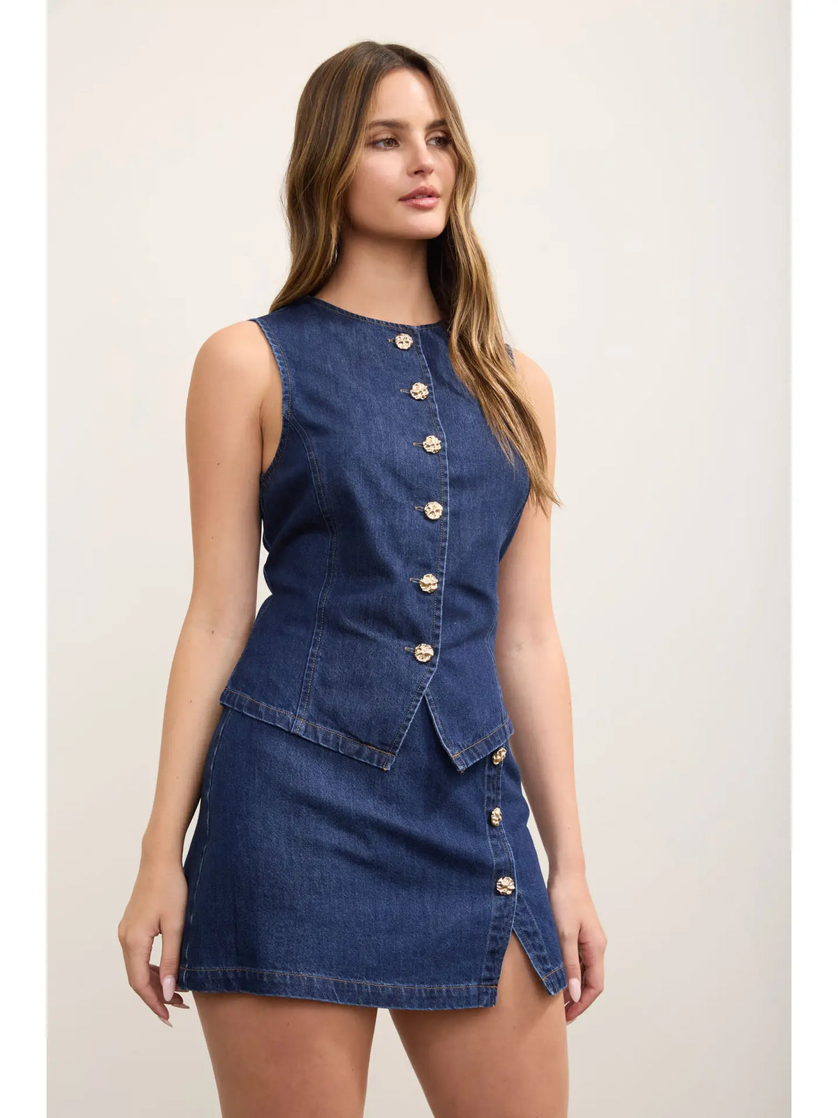 Gold Button Round Neck Denim Vest and skort set