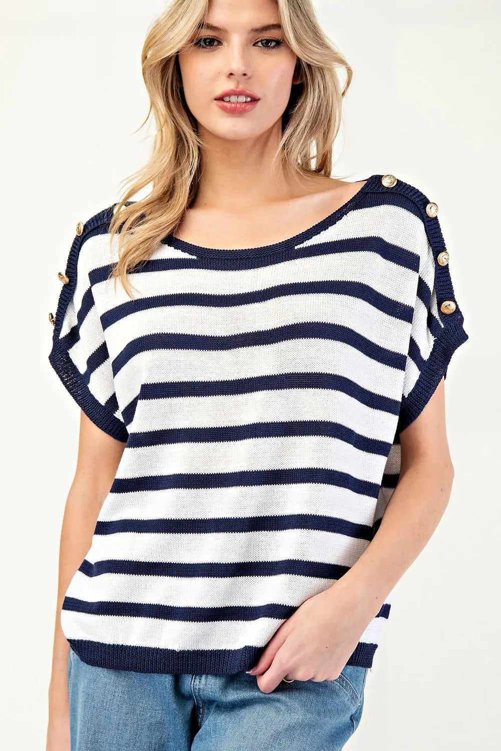 Striped Buttoned Shoulders Top