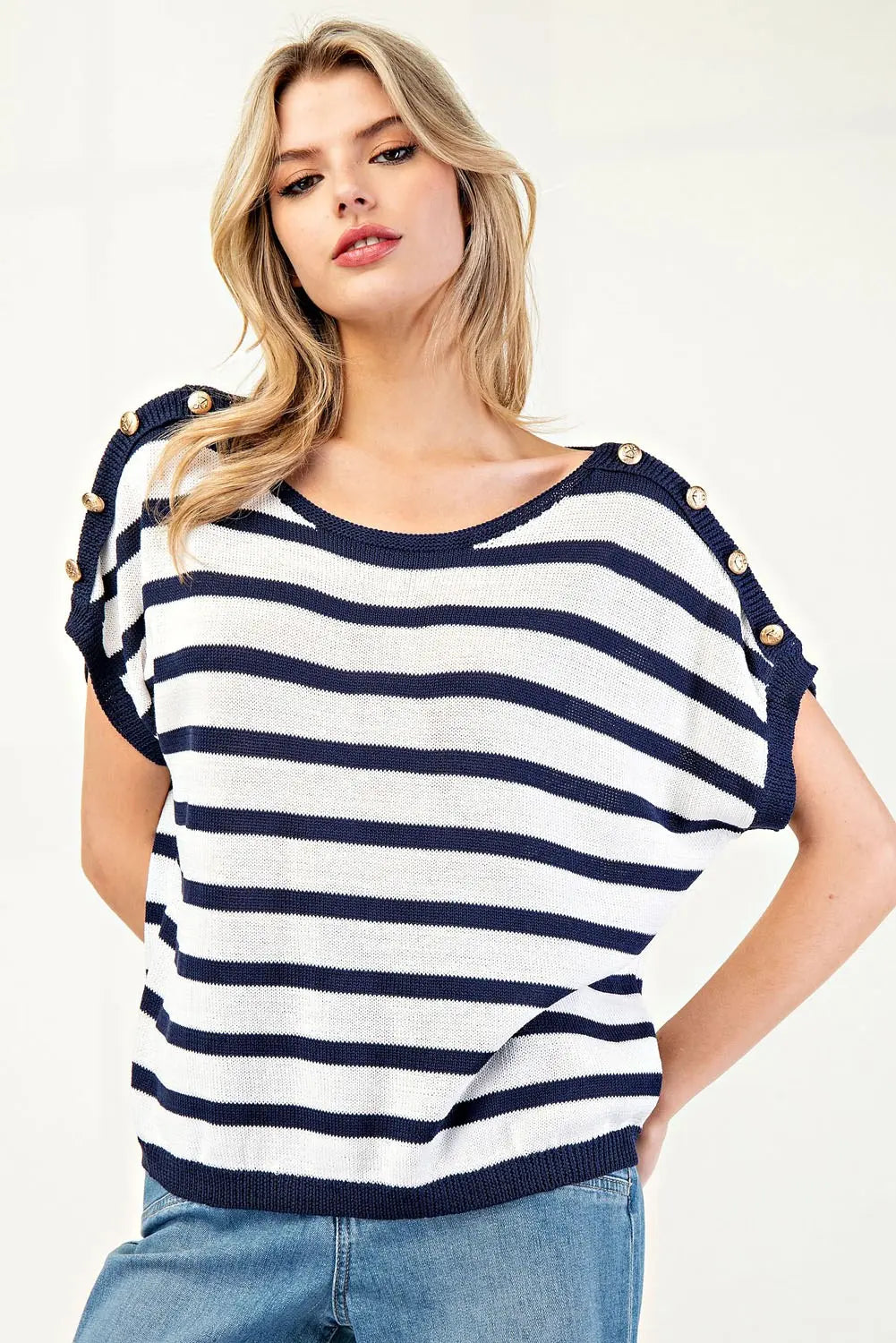 Striped Buttoned Shoulders Top