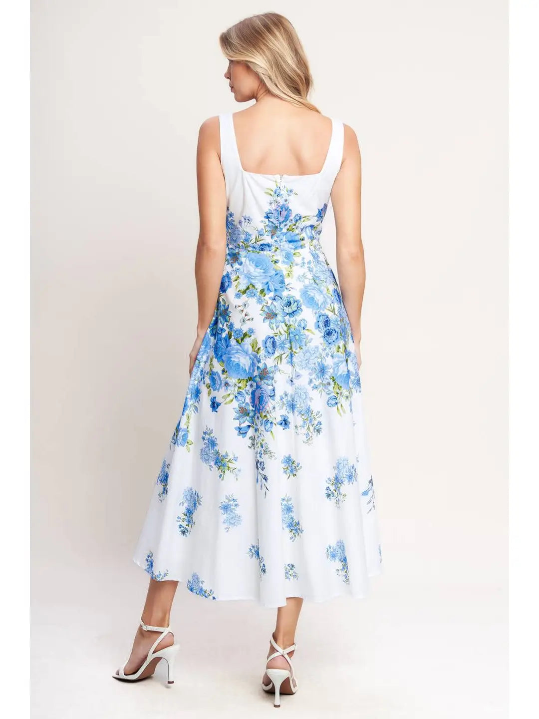 Printed Woven Midi Dress white with blue flowers