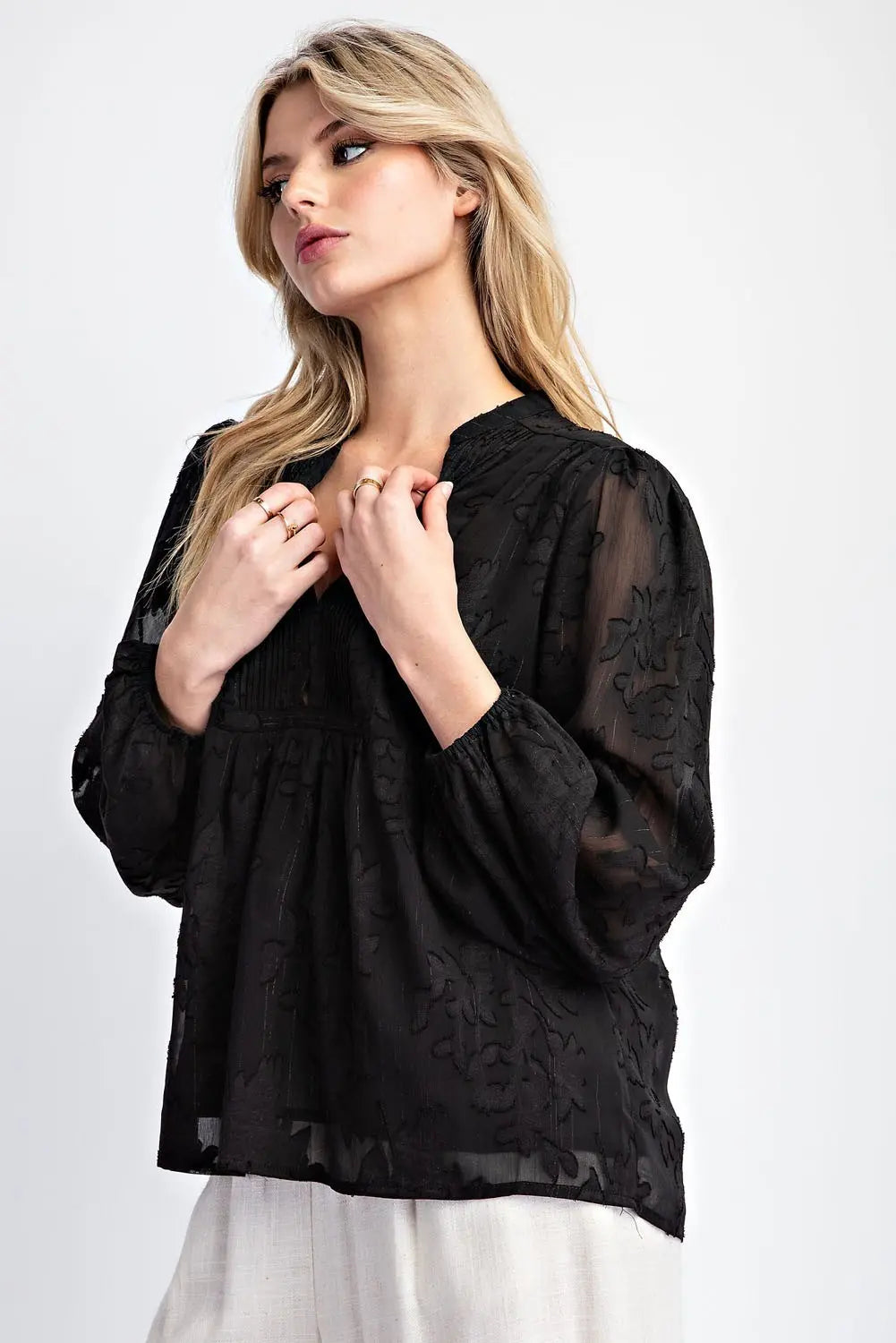 Sheer Print Long Sleeve Blouse Top