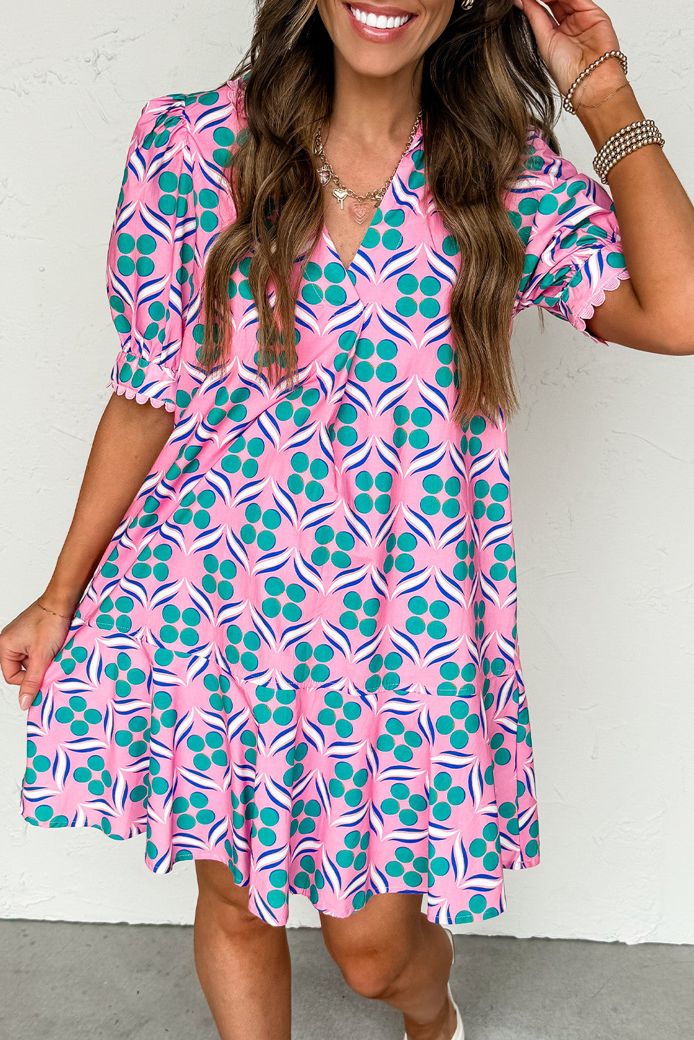 Pink Geometric Floral Print V Neck Ricrac Trim Short Sleeve Mini Dress