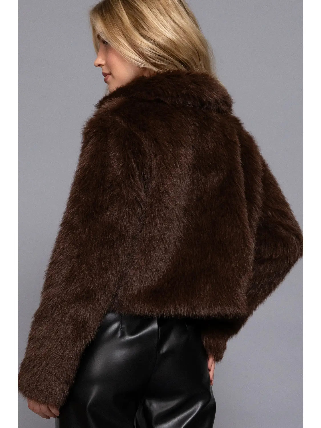 Long Sleeve Notched Collar Faux Fur Cropped Jacket