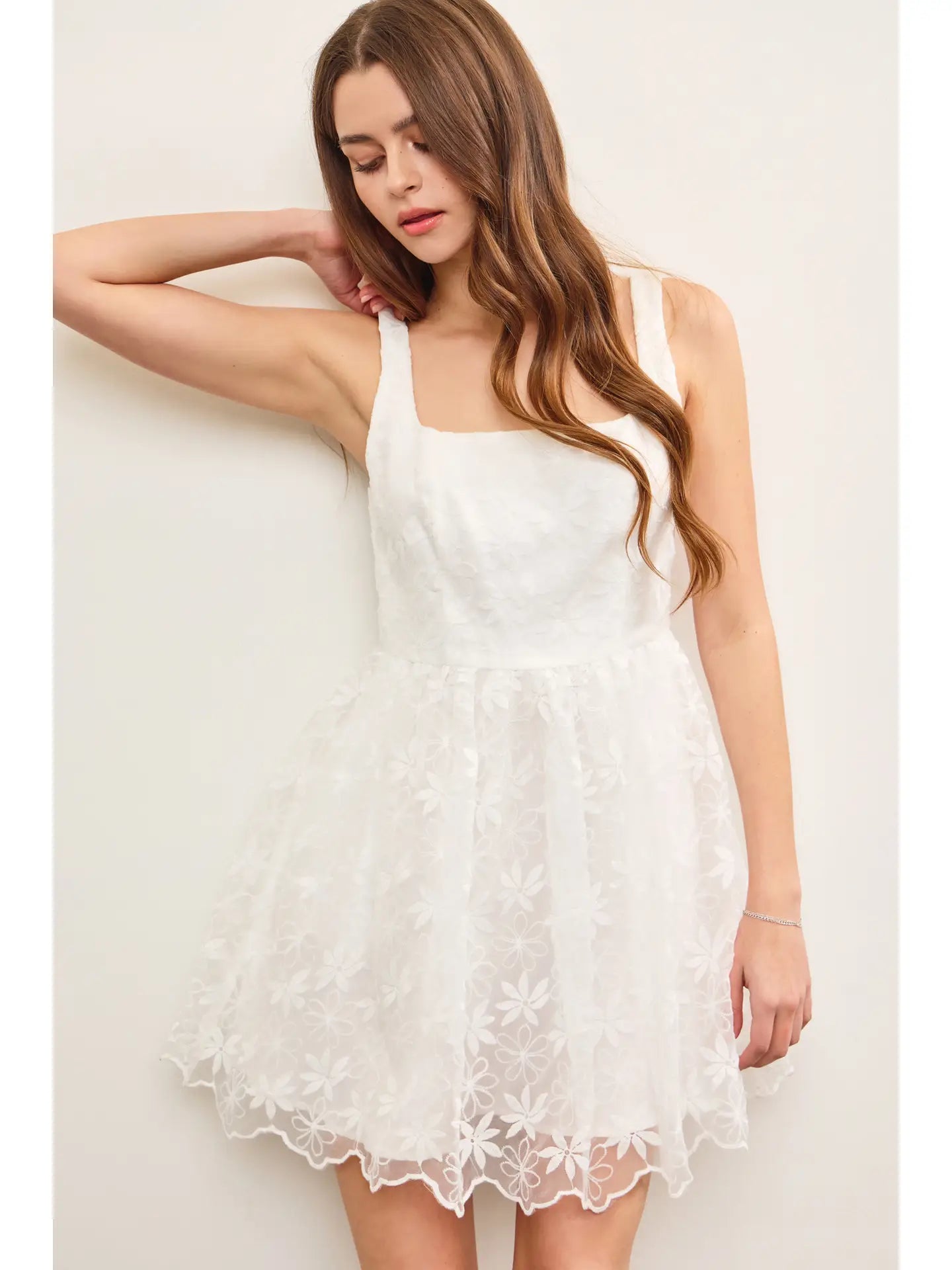Square Neck Floral Embroidered Silhouette Dress