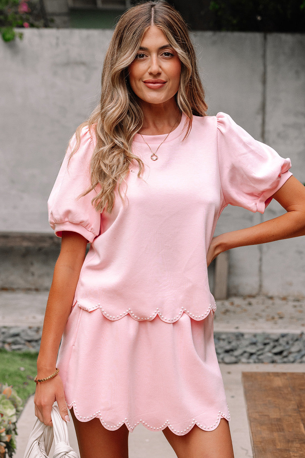Light Pink Puff Sleeve Pearl Embellished Scallop Trim Top 2 Piece Skort Set