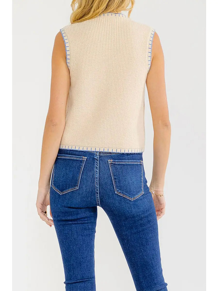 Sleeveless Button Up Trim Detailed Sweater Top