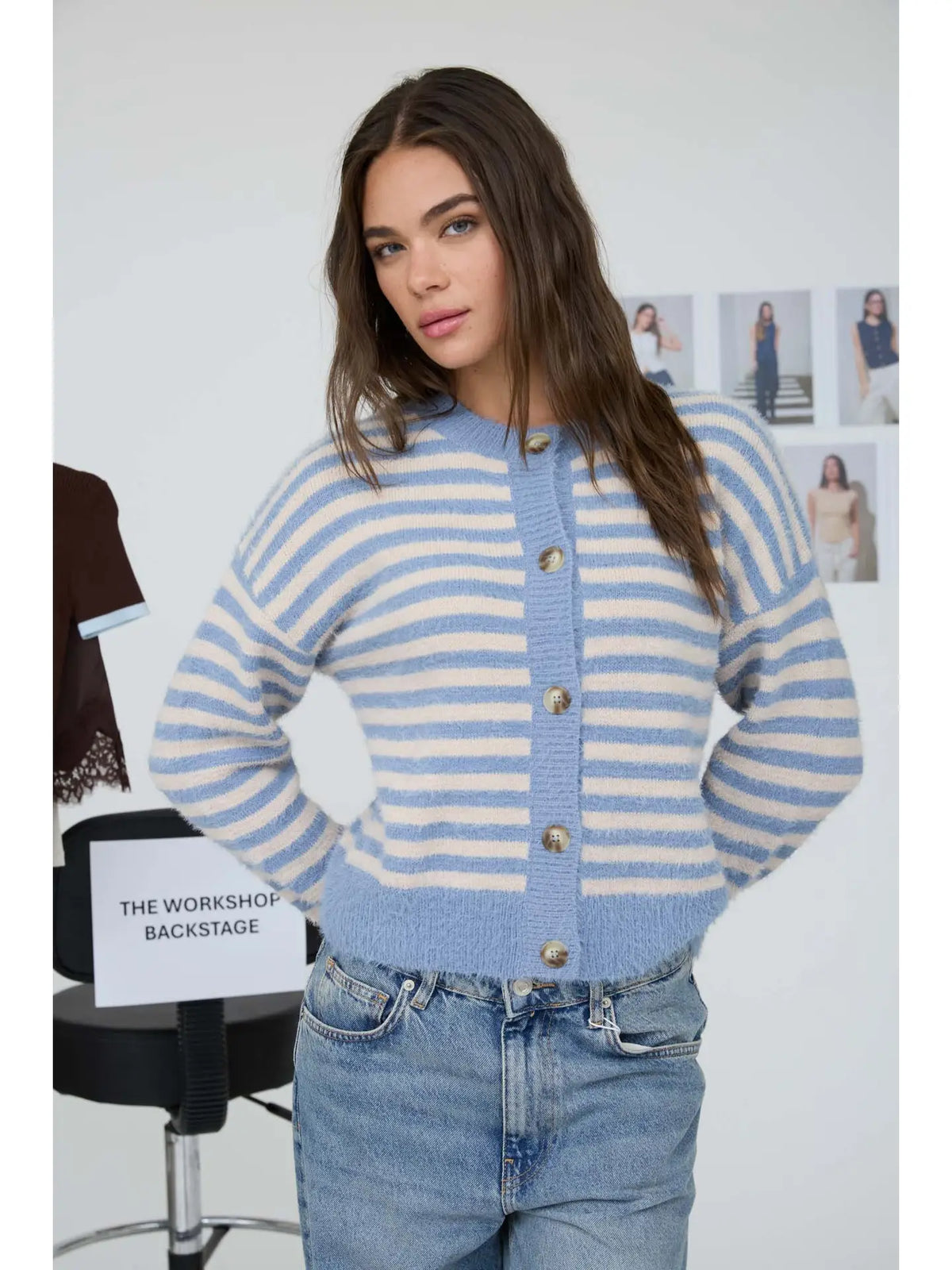 Stripe Round Neck Button Down Fuzzy Knit Cardigan