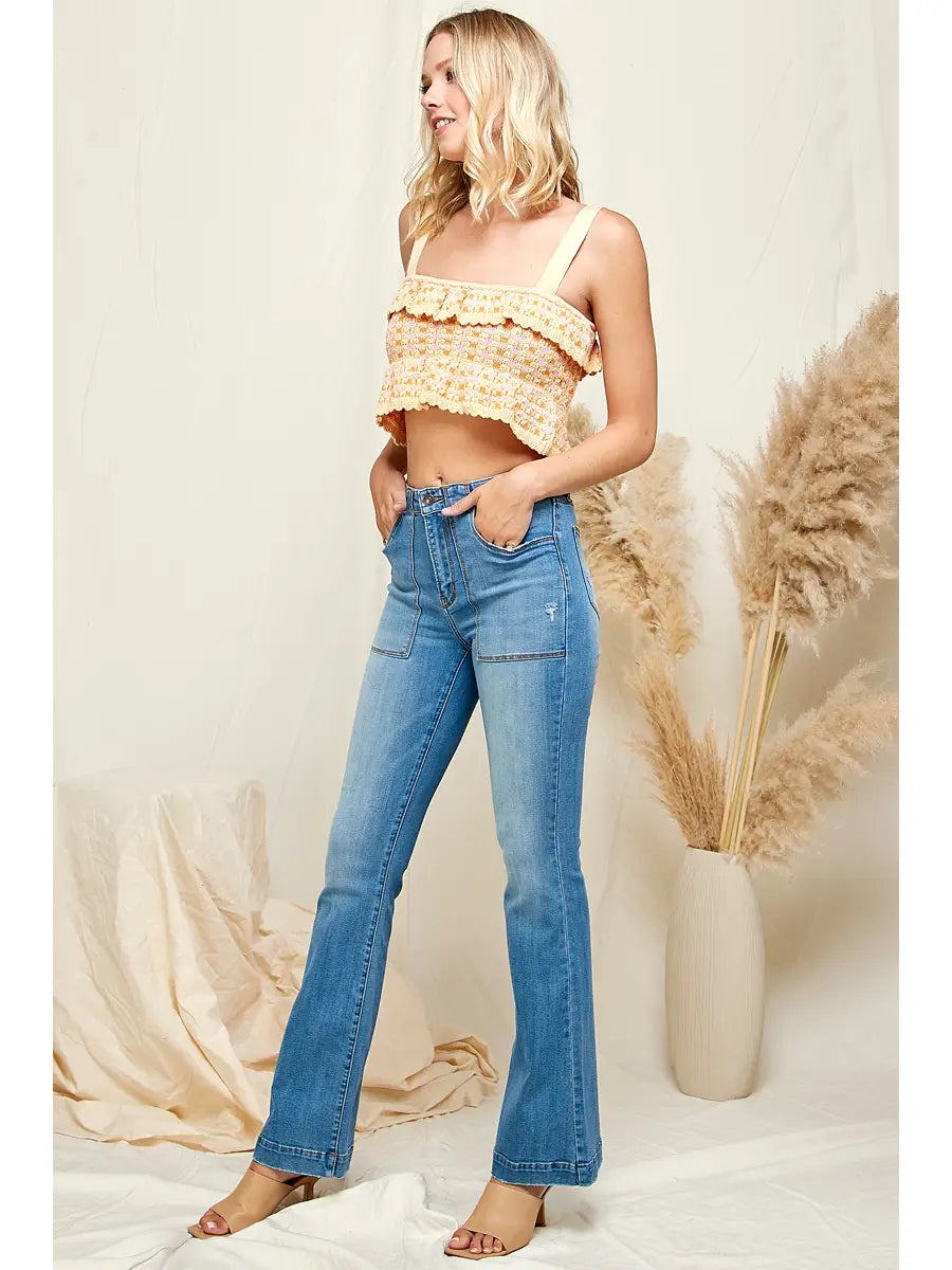High Rise Out-Stitch Pockets Flare Jeans
