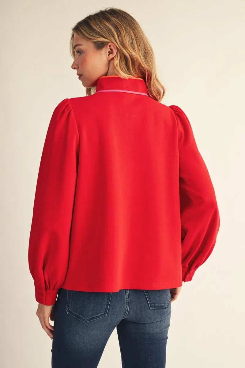 Long puff sleeves front zip up casual top