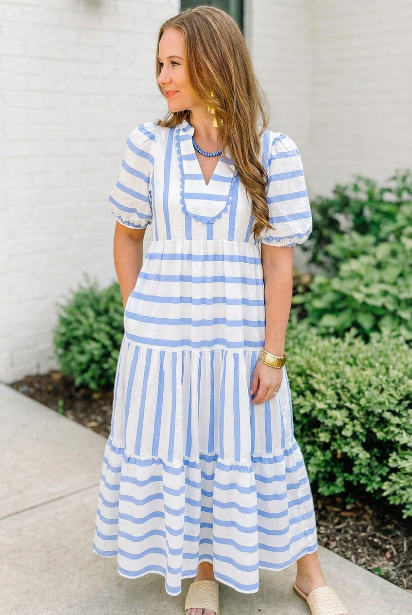 Sky Blue Stripe Ricrac Trim Notched Neck Half Sleeve Vacation Dress