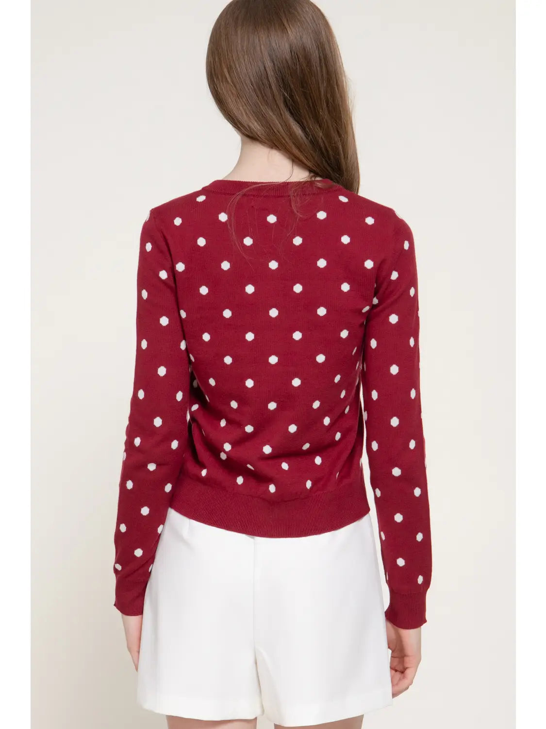 Long Sleeve Crew Neck Button Down Dot Sweater Cardigan