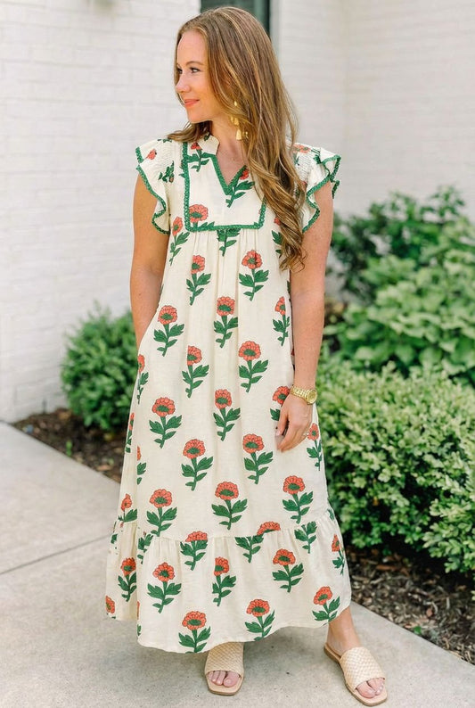 Floral Ruffle Trim Tiered Maxi Dress