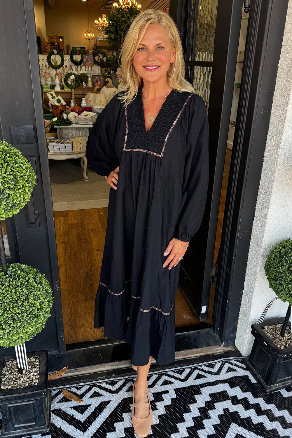 Black Collared V Neck Smocked Detail Contrast Leopard Trim Bracelet Sleeve Long Dress