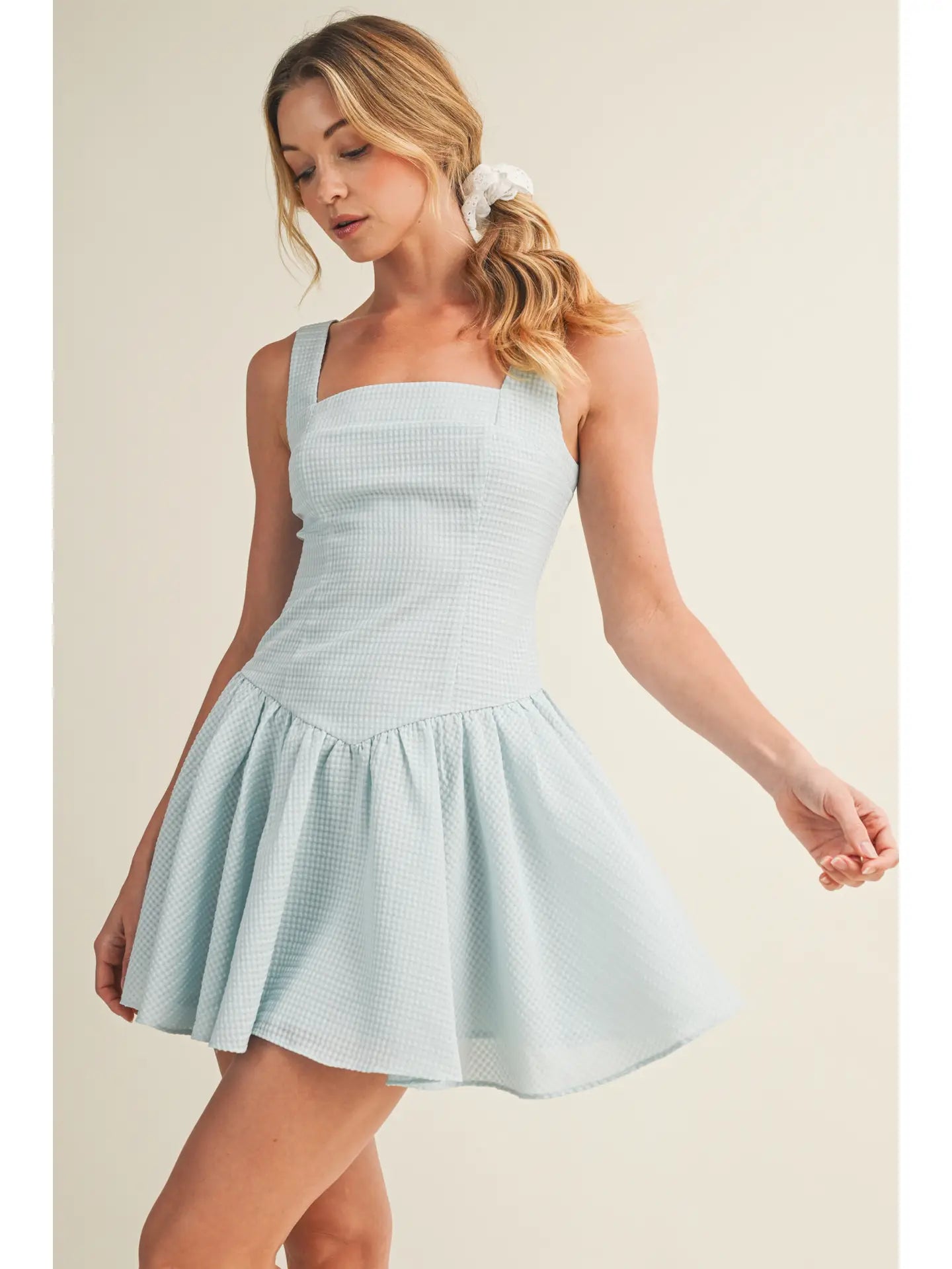 Seersucker Square Neck Drop Waist Dress
