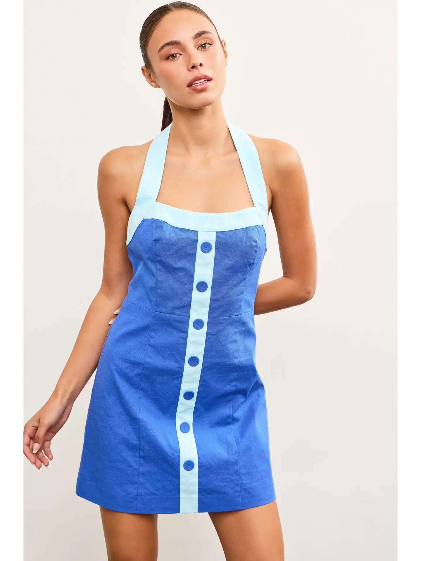 Contrast Placket Halter Mini Dress